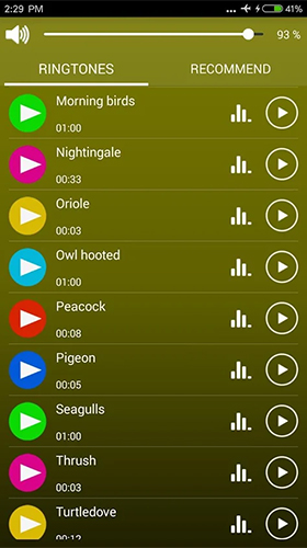 Screenshots do Sons de pássaros e toques para tablet e celular Android.
