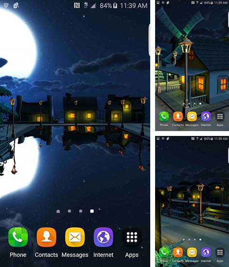 Kostenloses Android-Live Wallpaper Cartoon Nächtliche Stadt 3D. Vollversion der Android-apk-App Cartoon night town 3D für Tablets und Telefone.