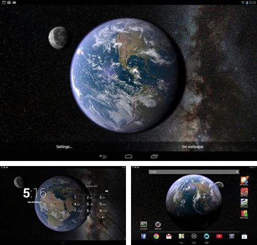 Kostenloses Android-Live Wallpaper Erde und Mond im Gyroskop 3D. Vollversion der Android-apk-App Earth and moon in gyro 3D für Tablets und Telefone.