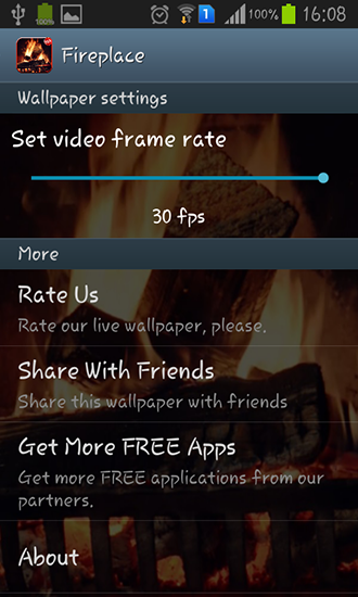 Capturas de pantalla de Fireplace video HD para tabletas y teléfonos Android.