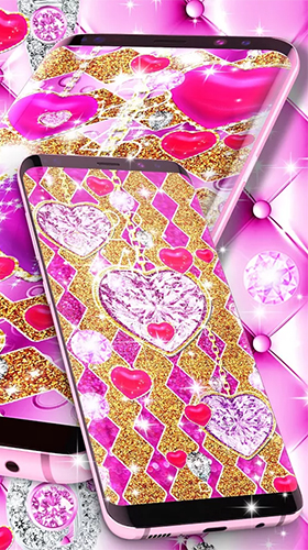 Fondos de pantalla animados a Golden luxury diamond hearts para Android. Descarga gratuita fondos de pantalla animados Corazones de diamante de oro lujosos.