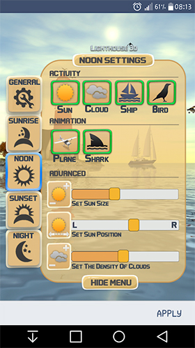 Screenshots of the Lighthouse 3D for Android tablet, phone.