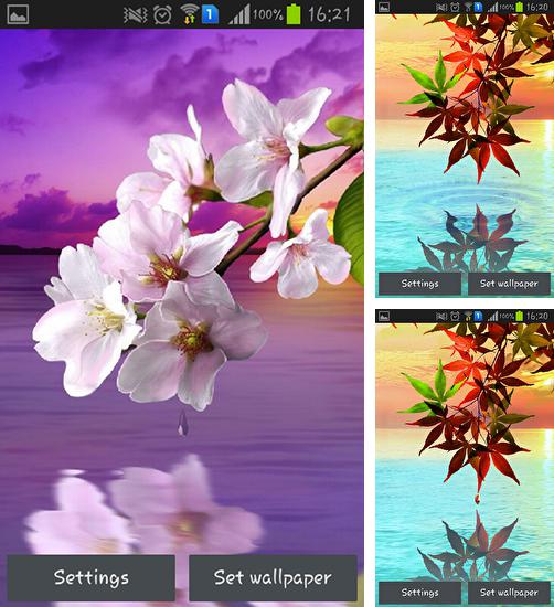 Kostenloses Android-Live Wallpaper Wassertropfen: Blumen und Blätter. Vollversion der Android-apk-App Water drop: Flowers and leaves für Tablets und Telefone.