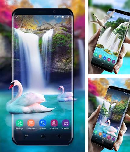 Kostenloses Android-Live Wallpaper Wasserfall und Schwan. Vollversion der Android-apk-App Waterfall and swan für Tablets und Telefone.