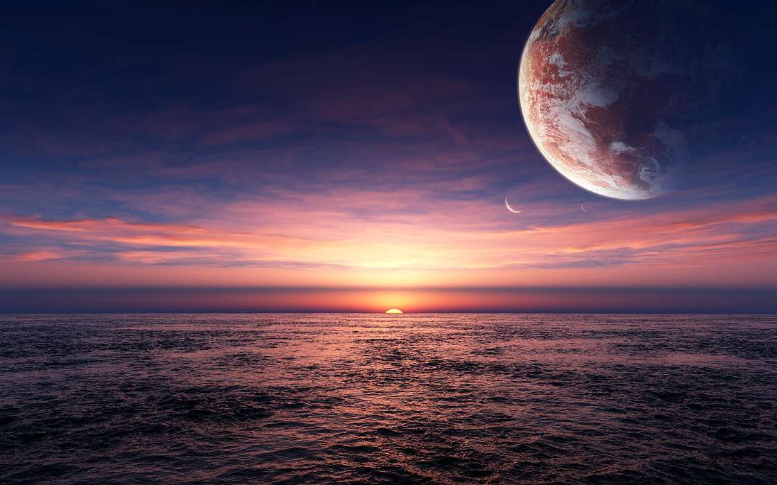 免费下载景观, 水, 日落, 行星, 海, 太阳手机壁纸.