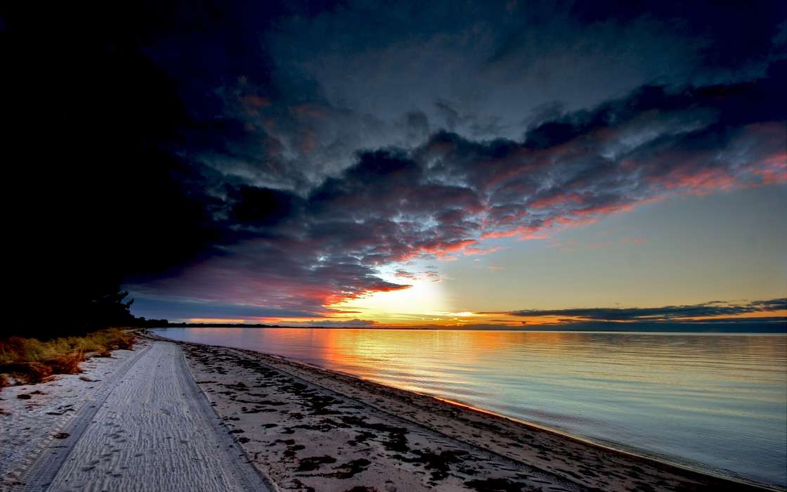 免费下载景观, 日落, 云, 海滩手机壁纸.