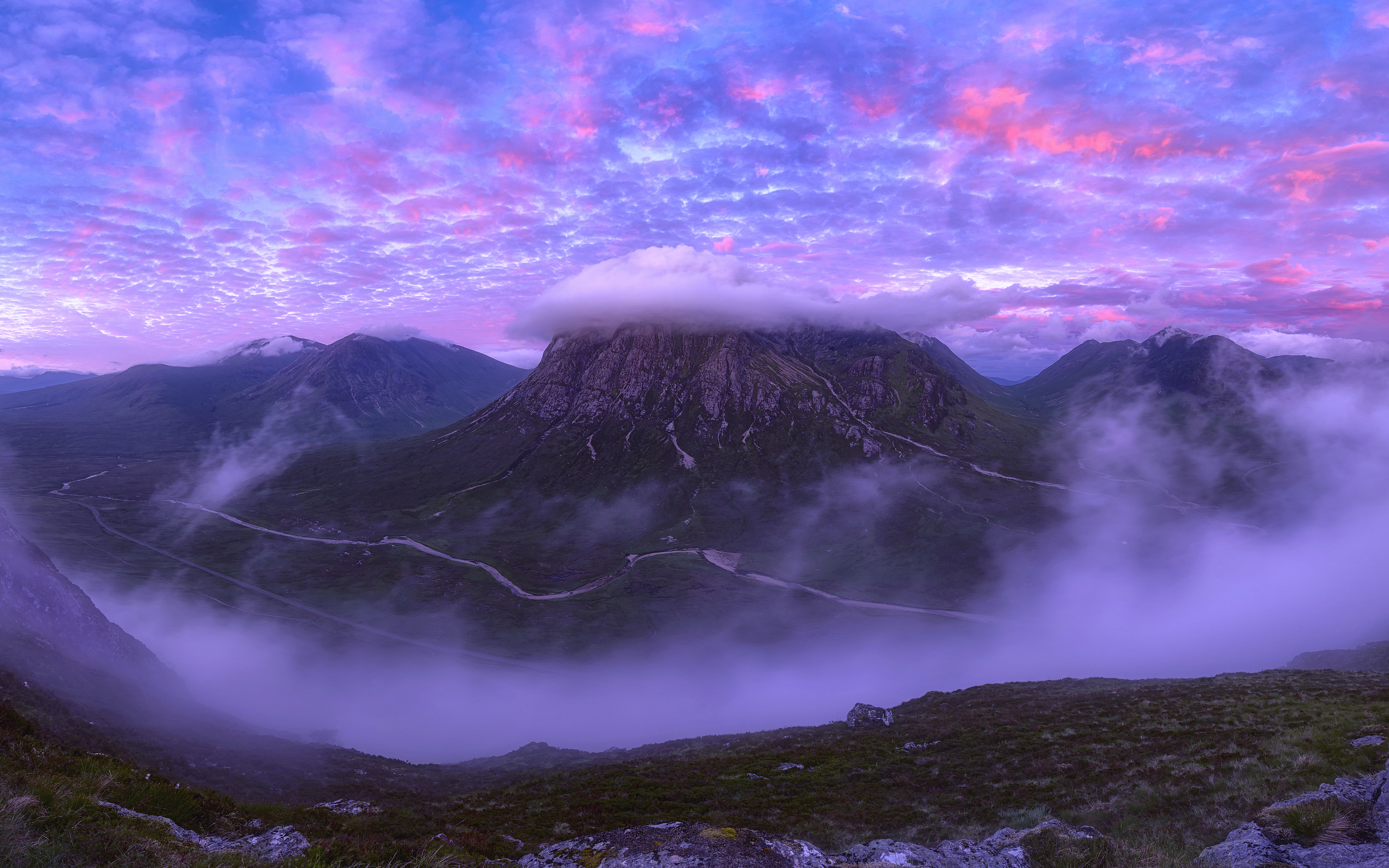 Природа, Горы, Облака, Вершина, Розовый, Шотландия - обои на рабочий стол к...
