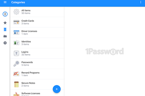 Screenshots of 1Password program for Android phone or tablet.
