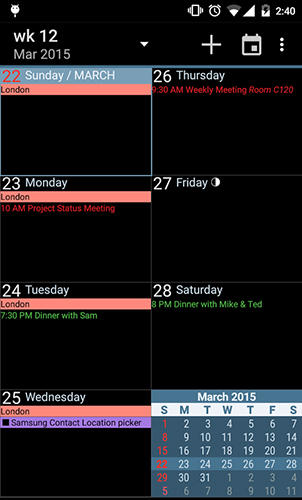 Capturas de pantalla del programa aCalendar para teléfono o tableta Android.