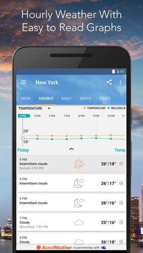 アンドロイドの携帯電話やタブレット用のプログラムAccu: Weather のスクリーンショット。