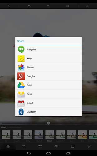 Les captures d'écran du programme Adobe photoshop express pour le portable ou la tablette Android.