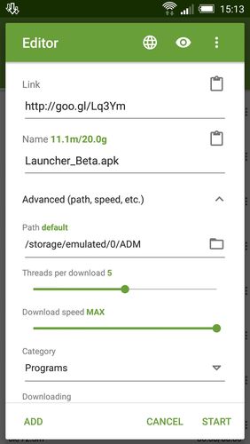 Les captures d'écran du programme Advanced download manager pour le portable ou la tablette Android.