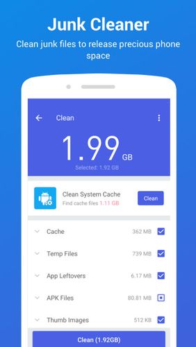 Capturas de tela do programa All-in-one Toolbox: Cleaner, booster, app manager em celular ou tablete Android.