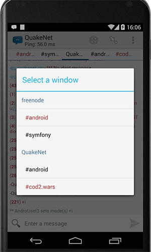 Capturas de pantalla del programa AndroIRC para teléfono o tableta Android.