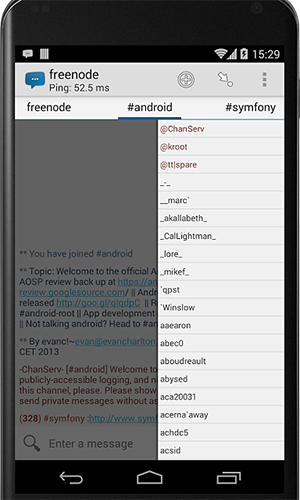 Screenshots des Programms AndroIRC für Android-Smartphones oder Tablets.