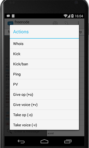 Capturas de pantalla del programa AndroIRC para teléfono o tableta Android.