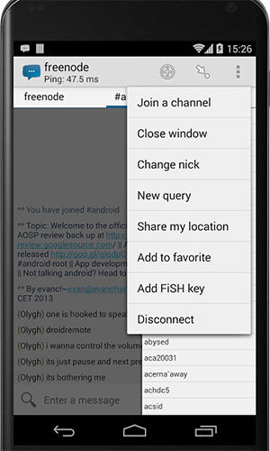 Capturas de tela do programa AndroIRC em celular ou tablete Android.