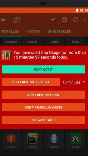 Les captures d'écran du programme App usage - Manage/Track usage pour le portable ou la tablette Android.