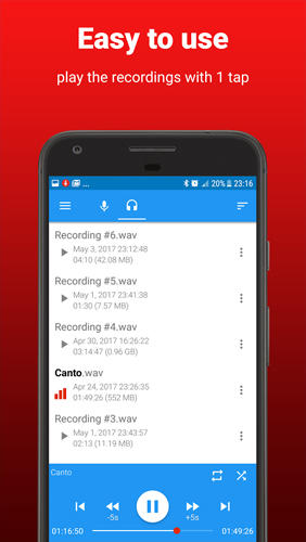 Capturas de tela do programa AudioRec: Voice Recorder em celular ou tablete Android.