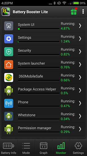 Screenshots des Programms Battery booster für Android-Smartphones oder Tablets.