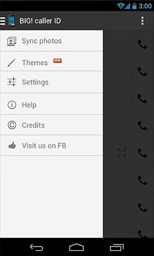 Capturas de tela do programa Big caller ID em celular ou tablete Android.