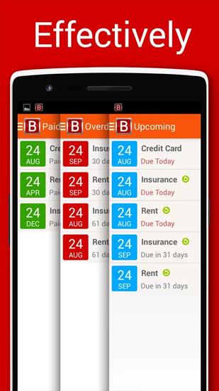 Screenshots of Bills Reminder program for Android phone or tablet.