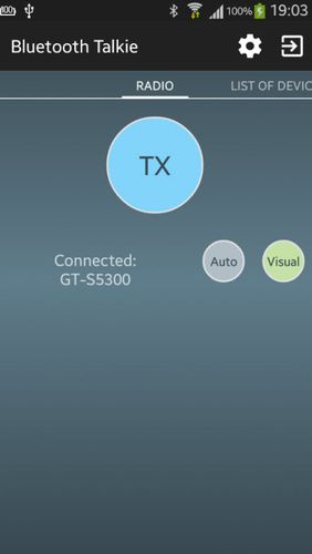 Capturas de pantalla del programa BluetoothTalkie para teléfono o tableta Android.