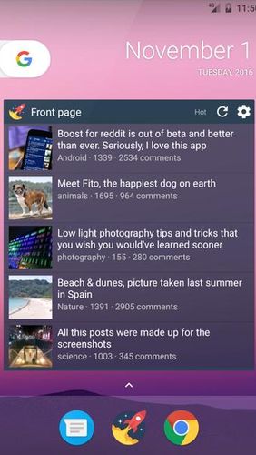 Screenshots of Boost for reddit program for Android phone or tablet.