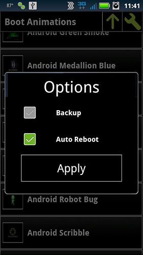 アンドロイドの携帯電話やタブレット用のプログラムBoot animation manager のスクリーンショット。