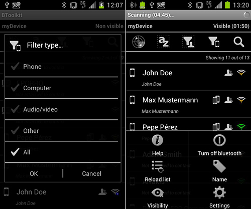Les captures d'écran du programme BToolkit: Bluetooth manager pour le portable ou la tablette Android.