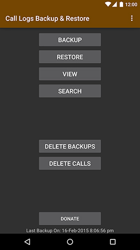 Screenshots des Programms Call logs backup and restore für Android-Smartphones oder Tablets.