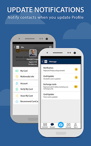 Capturas de tela do programa Cam card: Business card reader em celular ou tablete Android.