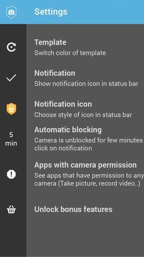 Screenshots des Programms Camera block - Anti spyware & Anti malware für Android-Smartphones oder Tablets.