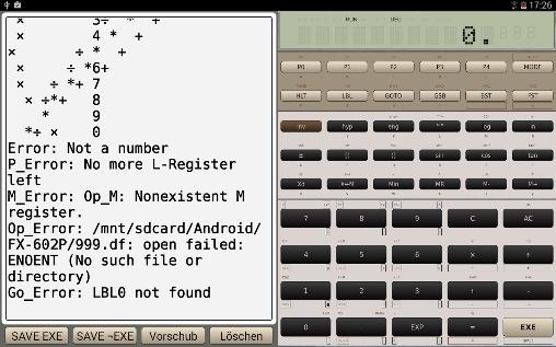 Capturas de tela do programa CASIO FX602P em celular ou tablete Android.