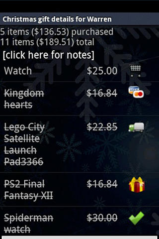 Screenshots of Christmas manager program for Android phone or tablet.