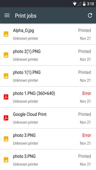 Capturas de tela do programa Cloud Print em celular ou tablete Android.