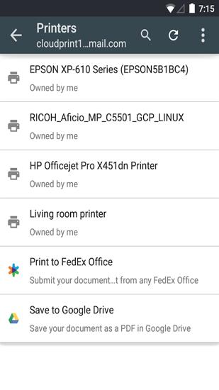 Capturas de pantalla del programa Cloud Print para teléfono o tableta Android.
