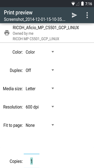 Les captures d'écran du programme Cloud Print pour le portable ou la tablette Android.