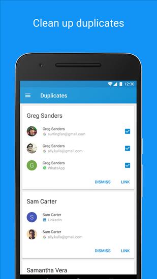 Screenshots of Contacts program for Android phone or tablet.