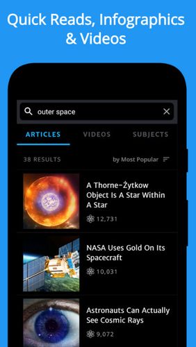 Les captures d'écran du programme Curiosity pour le portable ou la tablette Android.