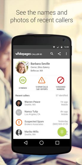 Whitepages Caller ID的Android应用，下载程序的手机和平板电脑是免费的。