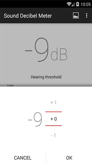 Capturas de tela do programa Decibel Meter em celular ou tablete Android.