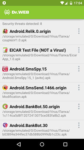 Screenshots of Dr.Web Security space program for Android phone or tablet.