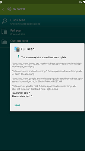 Les captures d'écran du programme Dr.Web Security space pour le portable ou la tablette Android.