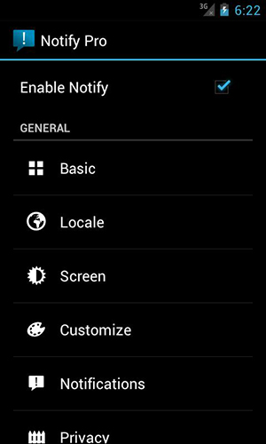 Screenshots of Notify pro program for Android phone or tablet.