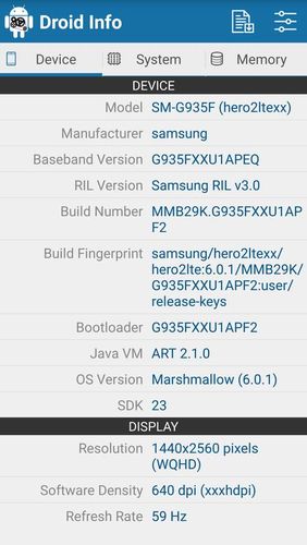 Baixar grátis Droid hardware info para Android. Programas para celulares e tablets.