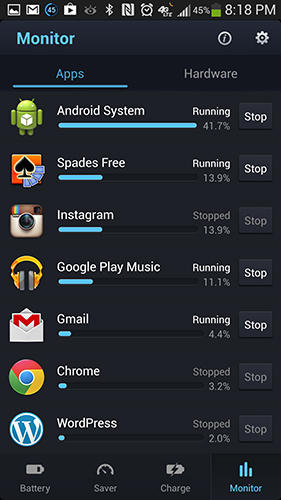 Capturas de tela do programa DU battery saver em celular ou tablete Android.