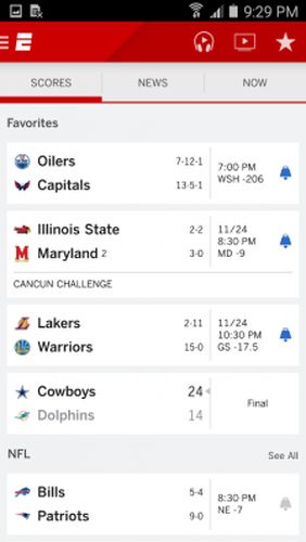 Screenshots of ESPN program for Android phone or tablet.