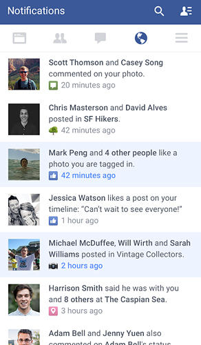 Screenshots of Facebook program for Android phone or tablet.