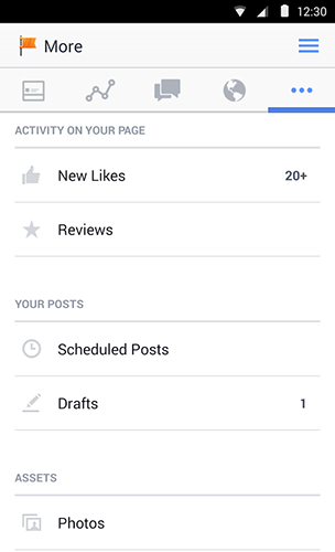 Capturas de tela do programa Facebook pages manager em celular ou tablete Android.